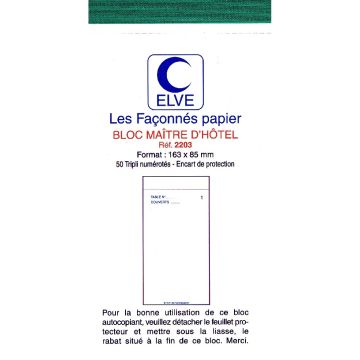 Bloc MAITRE D'HOTEL Autocopiant Tripli - 165 x 85 mm Restaurant ELVE 2203