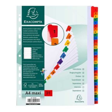 Jeu de 31 Intercalaires numériques avec touches couleurs - 1 à 31 - 245 x 297 mm A4 maxi : EXACOMPTA