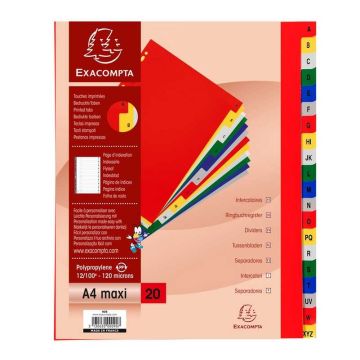 Jeu de 20 Intercalaires Alphabétiques en PP - Assortiment - 245 x 297 mm - A4 maxi EXACOMPTA