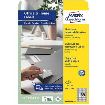 Étiquettes amovibles - Blanc - 25,4 x 10 mm AVERY Ecologique Lot de 5670 Avant