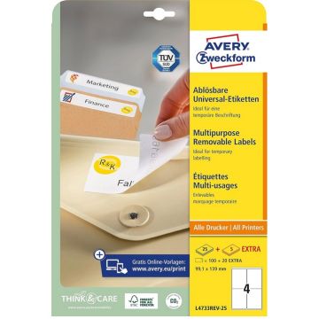 Étiquettes amovibles - Blanc - 99,1 x 139,0 mm AVERY Ecologique Lot de 120