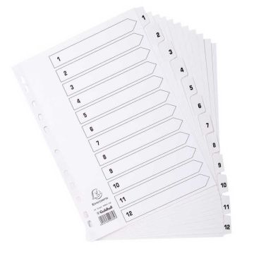 Jeu de 12 Intercalaires numériques en carte blanche - 1 à 12 - 223 x 297 mm : EXACOMPTA