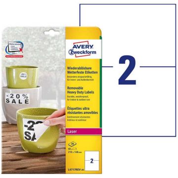 Photo Étiquette ultra résistante amovible 210 x 148 mm AVERY L4717REV-20 Lot de 40