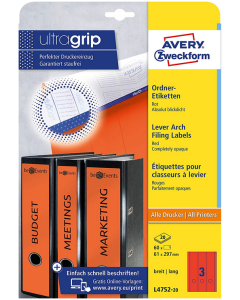 Photo Etiquettes Dos de classeur - 61 x 297 mm - Rouge AVERY Lot de 60