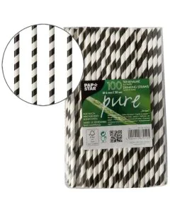 Pailles en papier - 200 mm - Noir/Blanc : PAP STAR Pure Stripes Lot de 100 Visuel