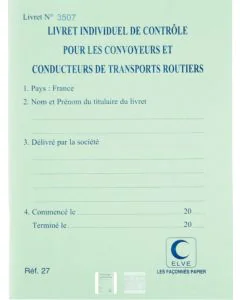 Carnet de Contrôle des conducteurs de transports routiers ELVE 27