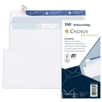 Enveloppes autocollantes sans fenêtre - 110 x 220 mm : MAIL MEDIA Cygnus Excellence Lot de 100 Visuel