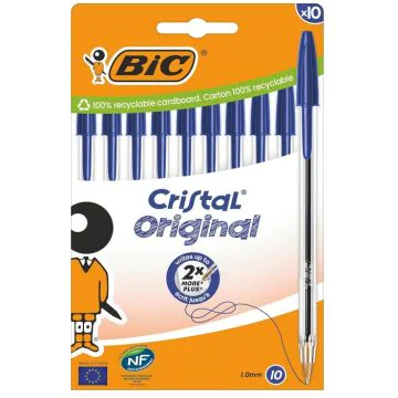 BIC Stylos à bille Cristal Original - Encre Bleue Lot de 10