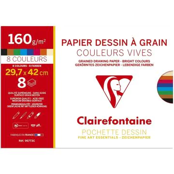 Pochette à Dessin - 8 feuilles de papier à grain - 297 x 420 mm - Assortiment : CLAIREFONTAINE Photo