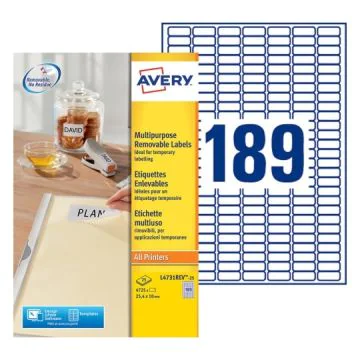 Étiquettes amovibles Blanc - 25,4 x 10 mm AVERY L4731REV-25