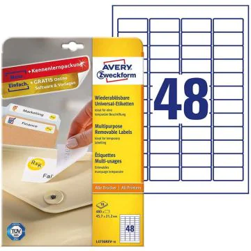 Photo Étiquettes amovibles blanches 45,7 x 21,2 mm AVERY L4736REV-10