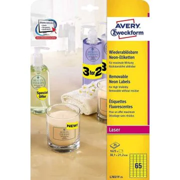 Étiquettes amovibles - Jaune fluo - 38,1 x 21,2 mm : AVERY Lot de 1625 Visuel