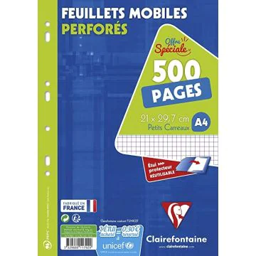 CLAIREFONTAINE Lot de 500 pages - Feuilles mobiles Quadrillé 210 x 297 mm Visuel