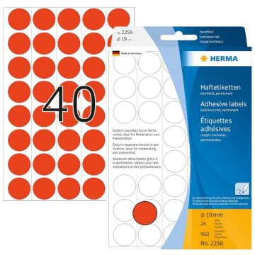 HERMA : Lot de 960 étiquettes adhésives rondes - 19,0  mm - Rouge fluo