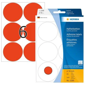 HERMA : Lot de 144 étiquettes adhésives rondes 2286 - 50,0  mm - Rouge fluo