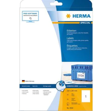 Étiquettes adhésives Jet d'Encre - 210,0 x 297,0 mm. - Blanc HERMA 4824