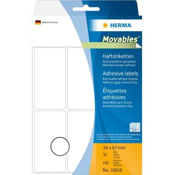HERMA : Lot de 192 étiquettes adhésives amovibles  - 67 x 34 mm - Blanc