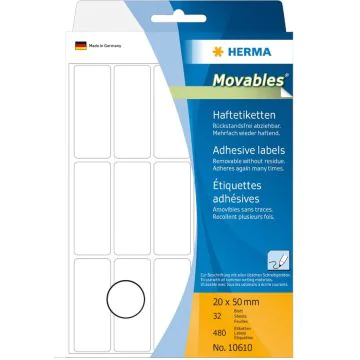 HERMA : Lot de 480 étiquettes adhésives amovibles  - 50,0 x 20,0 mm - Blanc
