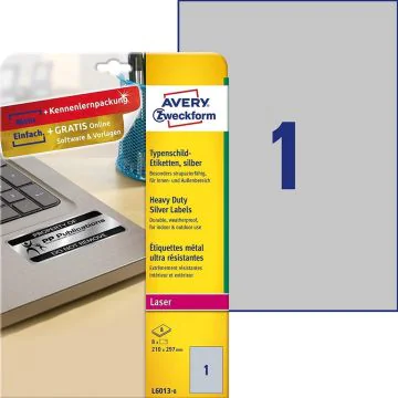 Étiquettes adhésives de Signalisation - 210 x 297 mm - Argent : AVERY Lot de 20 Image