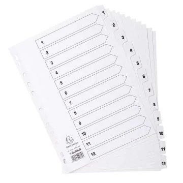 Jeu de 12 Intercalaires numériques en carte blanche - 1 à 12 - 223 x 297 mm : EXACOMPTA