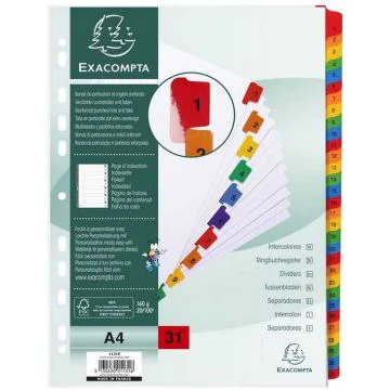 Jeu de 31 Intercalaires numériques avec touches couleurs - 1 à 31 - 225 x 297 mm : EXACOMPTA