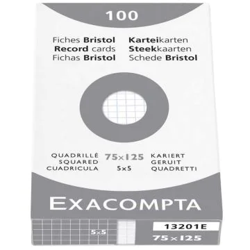 Lot de 100 Fiches Bristol - 75 x 125 mm - Blanc quadrillé EXACOMPTA 13201E