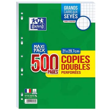 Photo OXFORD 400019172 : Lot de 500 pages - Copies doubles perforées Séyès - 210 x 297 mm
