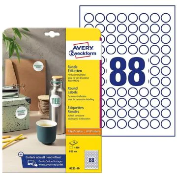 Photo Étiquettes adhésives permanentes - Diamètre 20 mm - Blanc AVERY