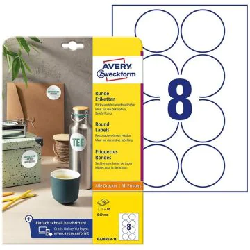 Photo Étiquettes adhésives amovibles - Diamètre 69 mm - Blanc AVERY