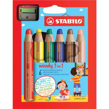 Photo Étui de 6 Crayons Woody 3 en 1 avec taille-crayon - Assortiment STABILO 