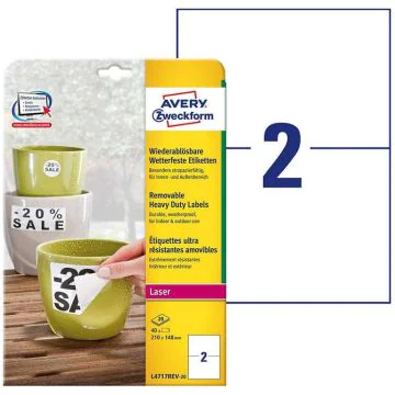 Photo Étiquette ultra résistante amovible 210 x 148 mm AVERY L4717REV-20 Lot de 40