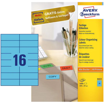 Photo Étiquettes autocollantes Bleues 105 x 37 mm AVERY 3453