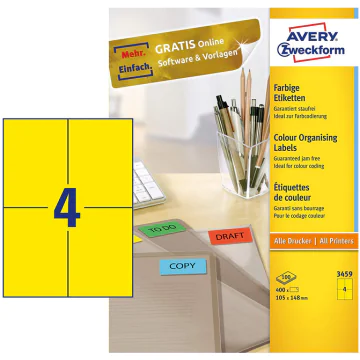 Photo Étiquettes autocollantes Jaunes 105 x 148 mm AVERY 3459