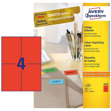 Photo Étiquettes autocollantes Rouges 210 x 297 mm AVERY 3470