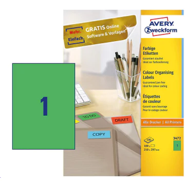 Photo Étiquettes autocollantes Vertes 210 x 297 mm AVERY 3472