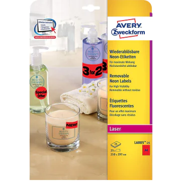 Photo Étiquettes amovibles - Rouge fluo - 210 x 297 mm AVERY L600525