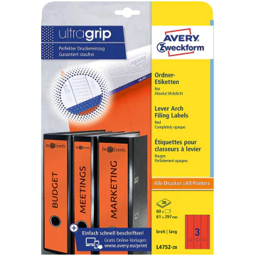 Photo Etiquettes Dos de classeur - 61 x 297 mm - Rouge AVERY Lot de 60