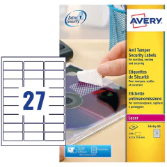 Photo Étiquettes adhésives de sécurité en film plastifié - Blanc - 63,5 x 29,6 mm AVERY L6114-20